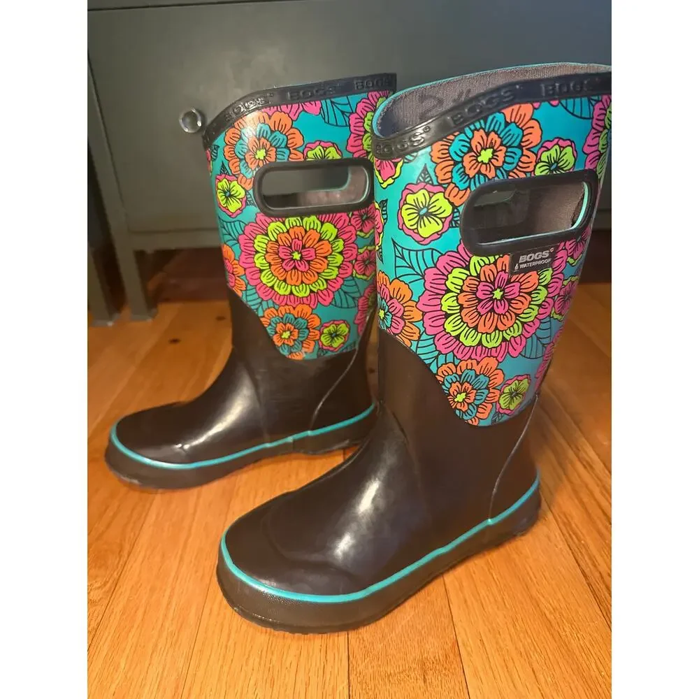 Bogs Pansies Rain Boots Floral Waterproof Girls Youth Sz 1